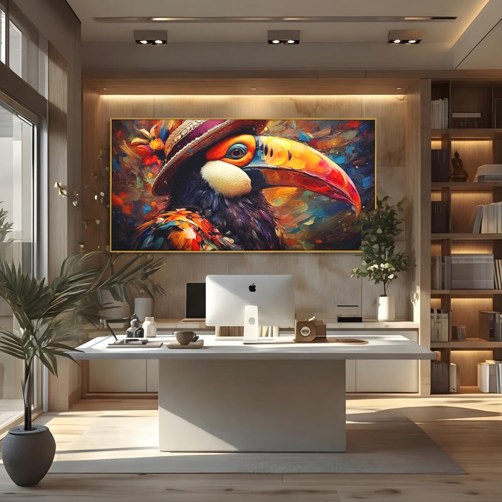 Tablou canvas cu tablou cu portret de tucan cu palarie, in rama de aluminiu auriu, pe perete intr-un birou